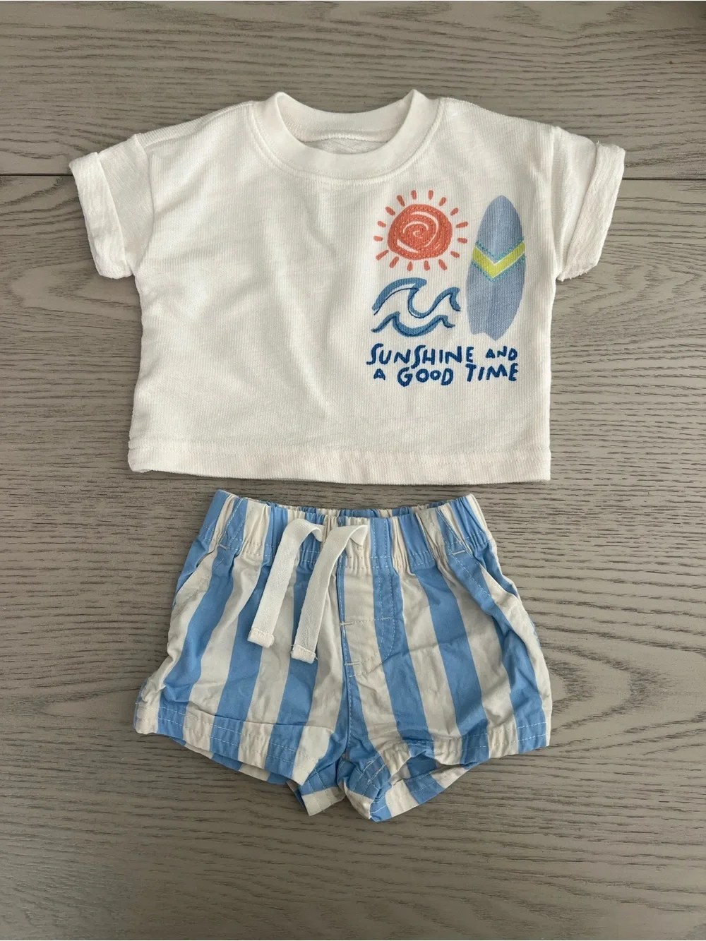 Newborn White Surf Graphic Tee & Blue Striped Shorts Matching Set